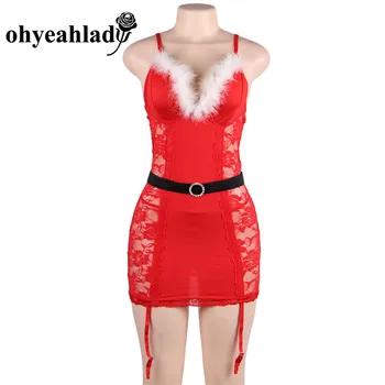 Ohyeahlady Natal Vermelho Sexy Vestido de Renda Natal Lingerie para Mulheres de Santa Babydoll Conjunto de Lingerie com cinta-Liga SJ90782