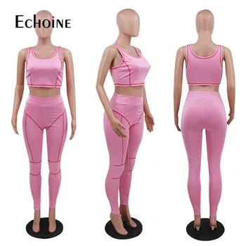 Echoine 2020 Verão As Mulheres De Duas Peças De Conjuntos De Fatos Camisas Sem Mangas+O Terno De Fitness Estampa Listrada Roupas 2 Pcs Rua