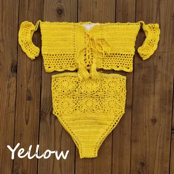 2021 Nova de crochê feito à mão off ombro do Biquini maiô de Verão de Biquíni de cintura Alta trajes de banho Mulheres Swimwear moda praia