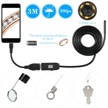 OWSOO 5.5 mm 6 LEDs USB Endoscópio Cabo de 3M Android Mini Esgoto Câmara de Boroscópio para USB OTG Fio Cobra Tubo de Câmera de Inspecção Automóvel
