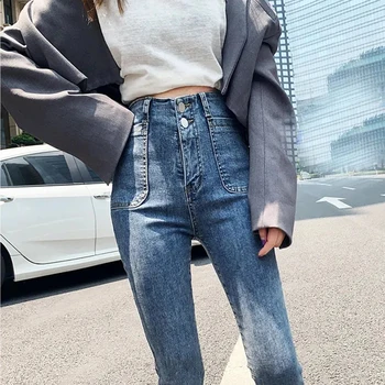 O coreano vintage de alta cintura elástica jeans skinny mulheres streetwear apertado jeans reta perna, do tornozelo-comprimento de calças slim lápis, calças