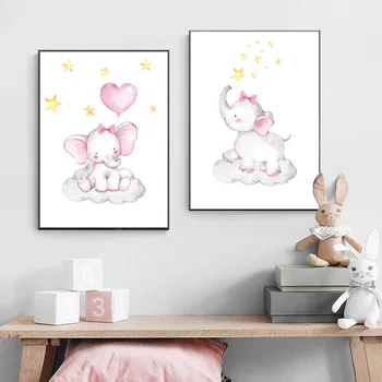 A Pink Elephant Animal Tela de Pintura da Menina do Bebê do Berçário Arte de Parede de Pôster e Impressão Nórdicos Crianças de Decoração, Imagem, Decoração do Quarto