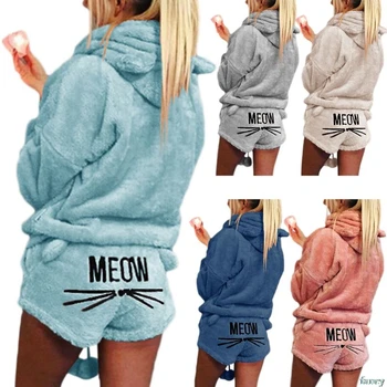 Mulheres Meninas Plus Size Inverno Engrossar Pijama Conjunto Bonito Gato Meow Bordado Calça Curta, Manga Longa Com Capuz Ouvidos Camisola Quente