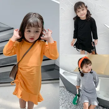 Estilo coreano Girls Dress 2020 Primavera de Crianças Roupas de Manga Longa Casual Crianças Vestido Bonito Plissado Bainha Vestido de RT828