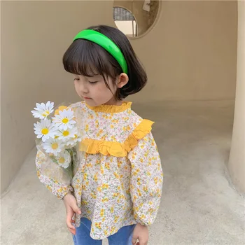 Roupas para crianças 2021 Garota Primavera coreano Floral Boneca Camisa Feminina Tesouro coreano Stand-Up Gola de Camisa Bebê Superior Roupas