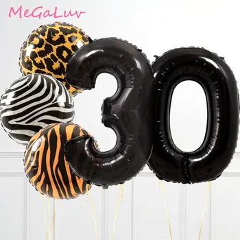5pcs 30º 40º 50º 60º Aniversário do Partido 40inch Jumbo Preto Número de Balões de Tigres, Zebras e Leopardos Balão de Festa de Aniversário de Suprimentos