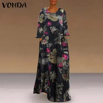 Mulheres' Vestido de 2021 Vintage Bolsos estampa Floral Kaftan Vestido de Manga Longa Túnica VONDA Casual Sundress Plus Size Vestido de S-5XL