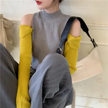 Camisola Das Mulheres Slim Cropped Tops De Retalhos Off Ombro Metade De Gola Alta Ins Estilo Coreano Moderno 