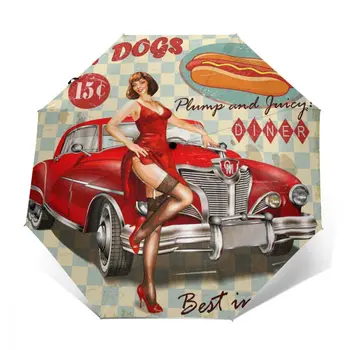 Guarda-chuva automático Vintage Hot Dog Cartaz Com Pin Up Girl E Retro Carro três vezes de guarda-chuva mulheres homens do guarda-chuva