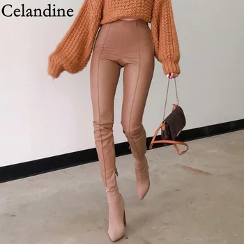 Celandine Primavera, Outono Moda PU Couro Falso Calças para Mulheres Elegantes Y2K Calças Office Lady Slim Vintage Streetwear 2020