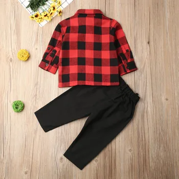 A criança de Bebê Xadrez de Manga Longa Camisa de Tops +Calças 2pcs Roupas de Crianças Cavalheiro Formal Roupas Tamanho 2-6Y
