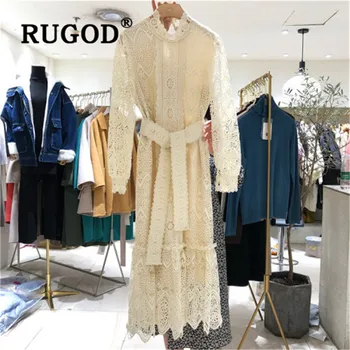 RUGOD Retro ocos lace vestido de mulher Elegante gola manga longa sereia vestido com cinto High-end senhoras de Vestidos de festa