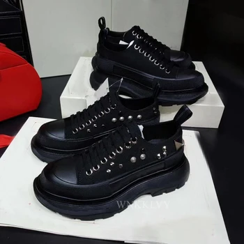 Plataforma de papai sapatos femininos plataforma preto redondo toe rendas até rebites de metal de alta topo punk sapatos outono cusual sapatos de lona de mulheres