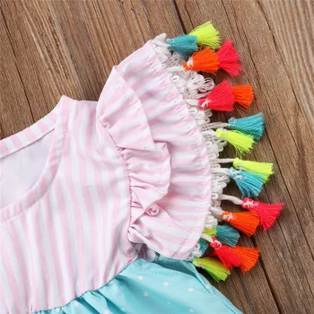 Criança roupas de Meninas gola redonda, manga curta, de Borla listrado Flamingo impressão de Verão Bebê Casual Mini Vestidos de um pedaços