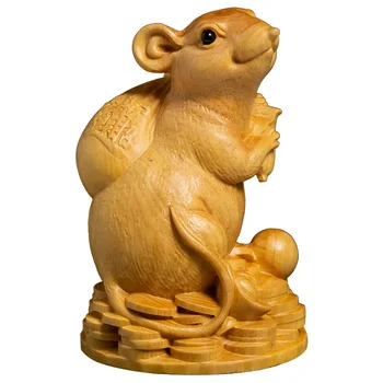 Buxo Estátua Rico Rat Zodíaco Sorte Feng Shui Sala De Estar Decorativa Escultura Em Madeira Artesanato De Ouro Mouse Animal Escultura Decoração De Casa
