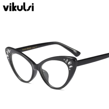 Novo Olho De Gato Strass Óculos De Armação De Mulheres A Marca De Óculos Com Armação De Óculos Olho De Gato Quadro Feminino Limpar Lente De Óculos, Oculos