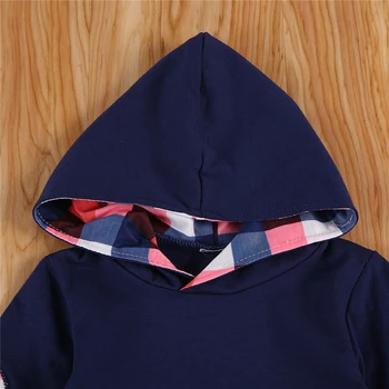 Moda Bebê Camisola com Capuz Conjunto de estampa Xadrez de Mangas compridas+Calça de Cintura Elástica com Mola do Bolso de Roupas Outono roupas de crianças