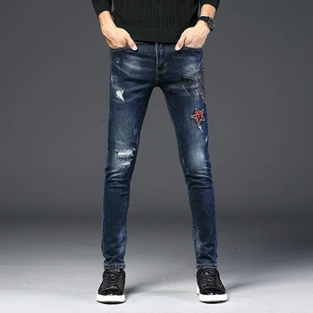 Bordados Homens Azuis Jeans Fantástica Padrões De Qualidade Da Marca Slim Elástico Confortável Hiphop Calças De Vários Estilos De Calças