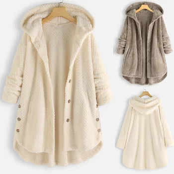 Mulheres Inverno Quente com Capuz Casacos Plus Size de Lã Irregular de Manga Longa, Botão do Bolso de Casaco com Capuz manteau femme