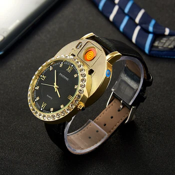 Isqueiro Relógios de Homens de Quartzo Relógio de USB Recarregável de Luxo Diamond Dial Casuais Relógios de pulso Masculino Relógio JH391-1 1pcs