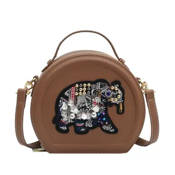 Divertido Bordado Elefante PU de Couro Rodada Senhoras Messenger Bag 2020 Moda Senhoras Bolsa de Ombro das Mulheres Bolsas e Sacos Crossbody