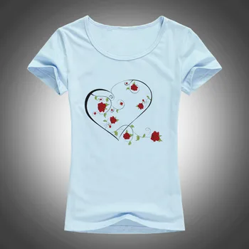 Moda de verão do algodão do t-shirt do AMOR das mulheres Subiu de coroa de flores impresso, O-Pescoço curto tops de manga tees camiseta 1890