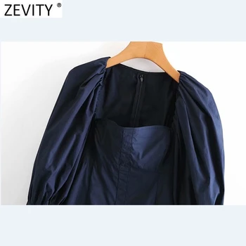 Zevity Novas Mulheres do Vintage Praça Gola Pregueada Lanterna Manga Casual Mini Vestido de Dama Elegante Tribunal de Estilo do Design com Zíper Vestido DS4775
