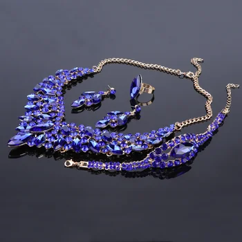Azul Cristal Strass Cor do Ouro Colar, Brincos, Pulseira de Conjunto de anéis para as Mulheres de Casamento de Luxo Nupcial Conjuntos de Jóias