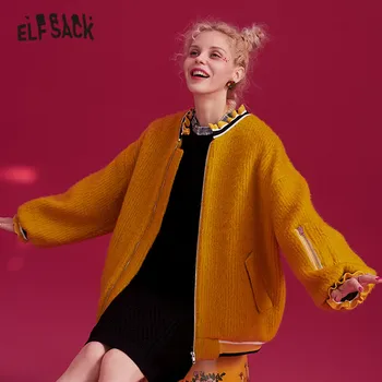 ELFSACK Sólido Amarelo Bolso com Zíper Rat Applique Casacos de Lã Mulheres 2019 Inverno Babado Lanterna Manga Estilo coreano Feminino Outwear