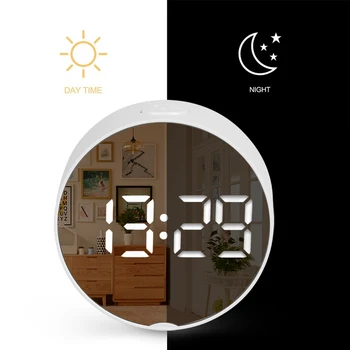 2020 Rodada Espelho De Led De Alarme De Relógio Digital, Relógio De Mesa De Luz Da Noite Soneca Com A Temperatura Eletrônico Despertador Decoração De Casa