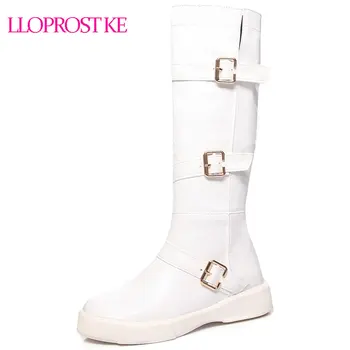 Lloprost ke tamanho Grande 34-43 de alta qualidade rebanho joelho alto botas de inverno plataforma quentes de pele de mulheres de preto branco fivela botas de neve D355