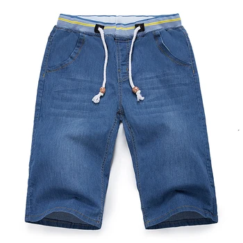 Verão Homens casual Jeans Curto, Tamanho 40 42 44 46 48 Clássico estilo de negócios cintura Elástica com Cordão de Bermuda jeans Reta curta