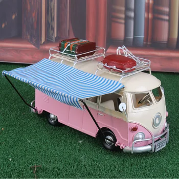 Nostalgia Vintage Bus Modelo Do Carro De Metal Figurinhas Com Dossel De Decoração De Casa De Enfeites De Ônibus Ornamentos De Trabalho De Decoração De Brinquedos