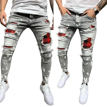 Nova Moda de calças de Brim de Mens Emendados Ripped Jeans Calça Jeans Lápis Slim Patch Calças de Seleção Vermelha Xadrez, Calças de Cintura Elástica S-3XL