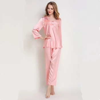 Mulheres pijama terno de Seda Pijamas de Cetim Pijama Definir Mulher Pijama Calças de Pijamas de Seda cor-de-rosa pj conjunto de outono