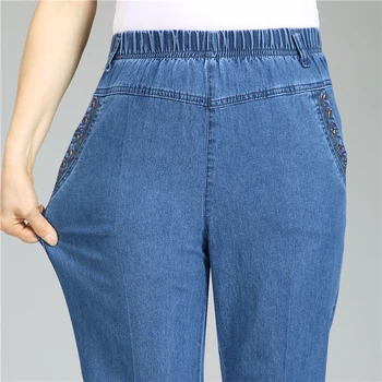 Plus Size 5XL de Cintura Alta, com Nove Pontos Jeans Feminina Primavera, Outono Tamanho Grande Reta Mãe Casual Elástico de Jeans, Calças W845