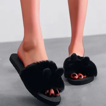 Mulheres Chinelos de Moda do Interior de Orelha de Coelho Mulheres Deslizamento do Dedo do pé Aberto Televisão Inverno Quente Chinelo Sapatos Chinelos Sandalias Тапочки #S