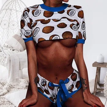 Mulheres Pijamas Bonitos De Coco Impressão Fatos CropTop+Mini Shorts De Cintura Elástica Mulheres De Duas Peças De Roupas De Verão Para Casa Dormir Conjuntos