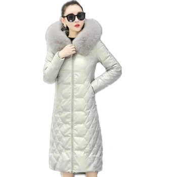 Inverno novo high-end de couro, jaqueta casaco mulheres de longa Slim moda fox gola de pele engrossa o pato quente casacos com capuz G925