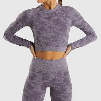 2019 Conjunto de Yoga Mulher Perfeita Camuflagem mangas compridas Crop Tops de Cintura Alta, Calças de Fitness GINÁSIO de Esportes Camo Ternos de calças de Treino de
