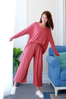 Tamanho grande Pijamas para Mulheres de 9 minutos wide-legged calças camisa de Manga comprida, dois conjuntos de pijamas domésticos vestir Loungewear Maxi Tamanho