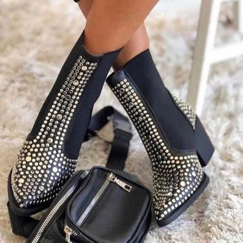 Karinluna 2020 Novo Design Pontiagudo Dedo do pé Quadrado Saltos Tornozelo Botas de Mulher Sapatos Elástico Rebite INS Quente Chelsea Boots Feminino