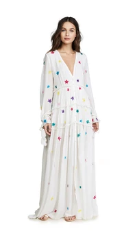 Reino UNIDO 2019 Verão as Mulheres Estrela Bordados Solta de Boêmio decote em V vestido de Hippie, Boho Pessoas de Férias vestido longo Manto longue