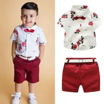 Focusnorm filho Bebê de Crianças Meninos Floral Laço Tops de Manga Curta T-shirt+Shorts Calças Roupa Roupas 2PCS