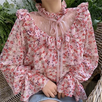Francês blusa de design de manga longa com estampa floral blusa outono 2020 nova folha de lotus floral costura camisa de manga comprida mulheres