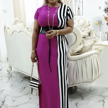 Mulheres africanas de Verão Casual, Vestido Longo Bloco de Cor Listrada Gola Redonda Manto de Púrpura Senhoras OL Roupas Maxi Vestido Plus Size