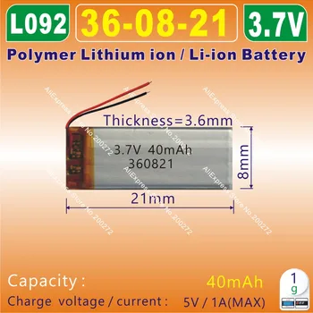10pcs [L092] 3,7 V,40mAH,[360821] PLIB;polímero de lítio ion / Li-íon para a câmera,bluetooth, fone de ouvido,alto-falante,mp3, GPS,mp4,