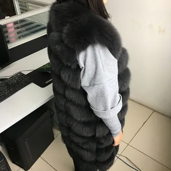 Maomaokong real natural fox fur fur 70cm longo naturais fox colete de pelo de 90CM de moda sem mangas do casaco de pele Quente mulheres slim parque casaco