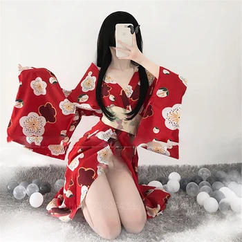 Kimono Japonês Sexy Mulheres Harajuku Roupão De Banho, Roupões De Lingerie Sexy Superior Yukata Pijamas De Impressão Prom Vestido De Sakura Gueixa Obi Floral