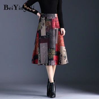 Beiyingni 2019 Inverno Saia para a Mulher Plus Size Vintage, Saias de Cintura Alta, Uma Linha com estampa Floral e Saia de Senhoras Saia Faldas